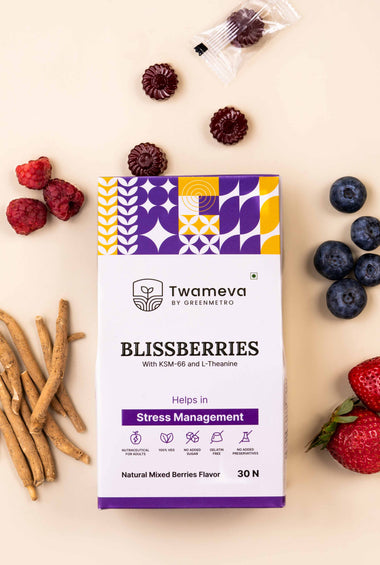 Twameva Blissberries - Stress Relief and Energy Support For All - Ashwagandha-Magnesium - Vitamin B6- 30 Gummies